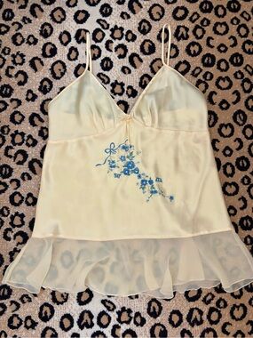 Vintage 90s Embroidered Butter Yellow Sequin Bow Babydoll Slip Tank Top